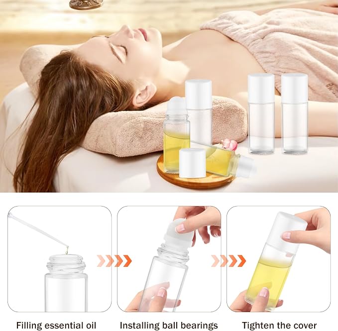 8 Pieces 50ml/1.7oz Clear Glass Essential Oil Roller Bottles,Empty Deodorant Roll On Bottles,Leak-Proof Cosmetic Container with Roller Balls for Perfume,Aromatherapy,Moisturizer