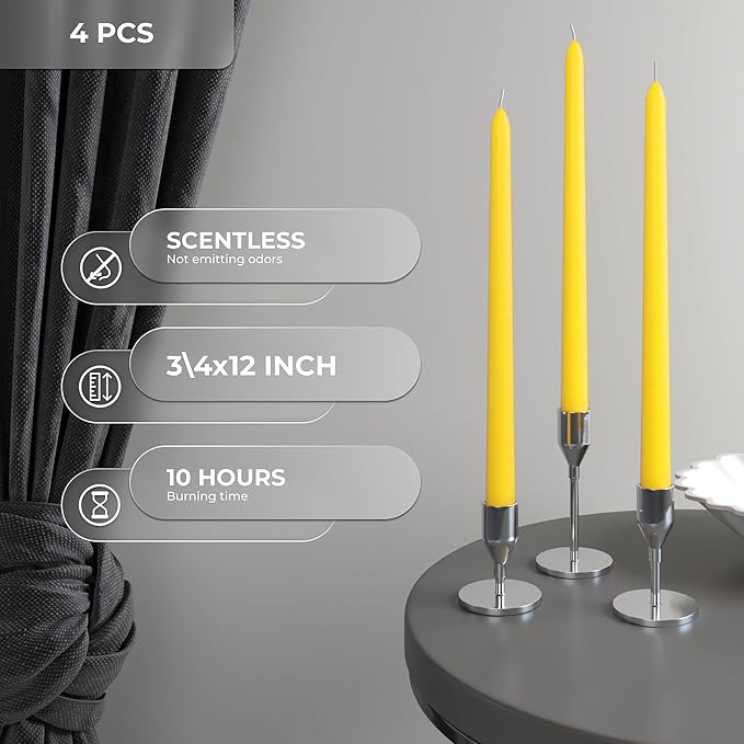 CANDWAX 12 inch Yellow Taper Candles Pack of 4 - Unscented Smokeless Dripless Yellow Candles - Perfect for Home Décor, Special Occasions and Ordinary Dinners - Easter Candlesticks