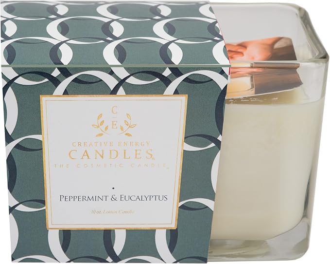 Lotion Candle - Peppermint & Eucalyptus Scented Massage Candles for Self Care, 10 Oz. Soy Wax Candle with Essential Oil Blends, Coconut Oil, and Vitamin E, 55 Hour Burn Time