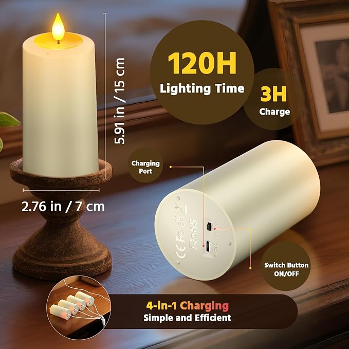 PChero Rechargeable Blow Out Candles with Remote and Timer, LED Flickering Flameless Candles, Battery Operated Pillar Candles for Christmas Halloween Table Wedding Home Decor, Long Lasting, Set of 4