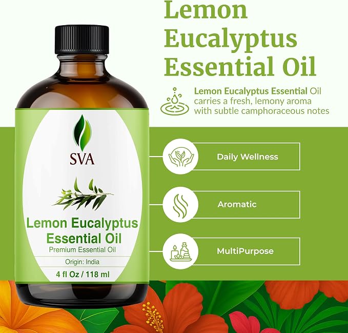 SVA Lemon Eucalyptus Essential Oil 4 Fl Oz – for Diffuser, Skin & Hair Care – Ideal for Massage & DIY Blends - with Dropper