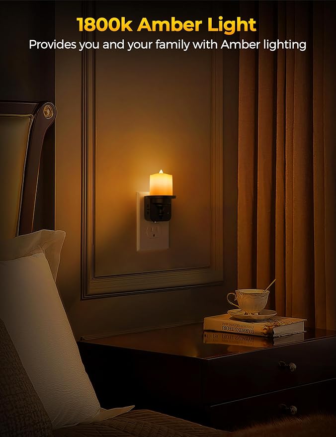 Briignite Flameless Candle Night Lights, Amber Plug-in 2 Pack, LED Candle with Light Sensor, 0-100LM Dimmable, Kids Hallway Bathroom Nightlight