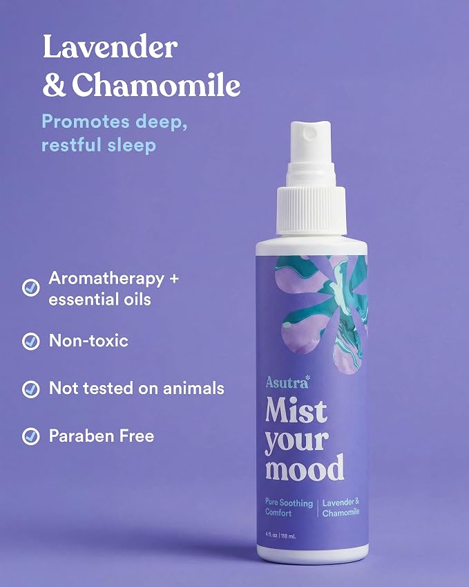 Asutra Lavender & Chamomile Multi-Use Natural Aromatherapy Room Spray, Calming Linen & Pillow Mist, Fabric Spray for Sleep & Bed, 4 fl oz