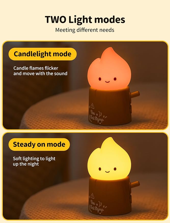 Stump Fire Night Light, Flameless Candles Lamp, Rechargeable Silicone Flame lamp, Portable Campfire Light, Cute Night Light for Bedroom, Outdoor, Camp, Funny Gifts for Kids Teens Adults