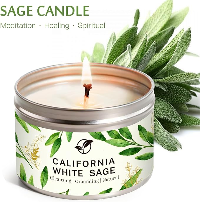 Sage Candles for Cleansing, Pure White Sage Candle 6 OZ- 35 Hour Burn Time, Aromatherapy Candle for Cleansing House Negative Energy Smudge Kit, Spiritual Meditation Housewarming Gifts