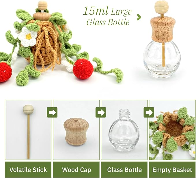 Crochet Car Air Freshener, 15ml Empty Refillable Oil Diffuser Bottle with Hanging Crochet Cute Plant for Car Rearview Mirror Decor Air Freshener Diffuser for Home and Office Decor(Two Strawberry)