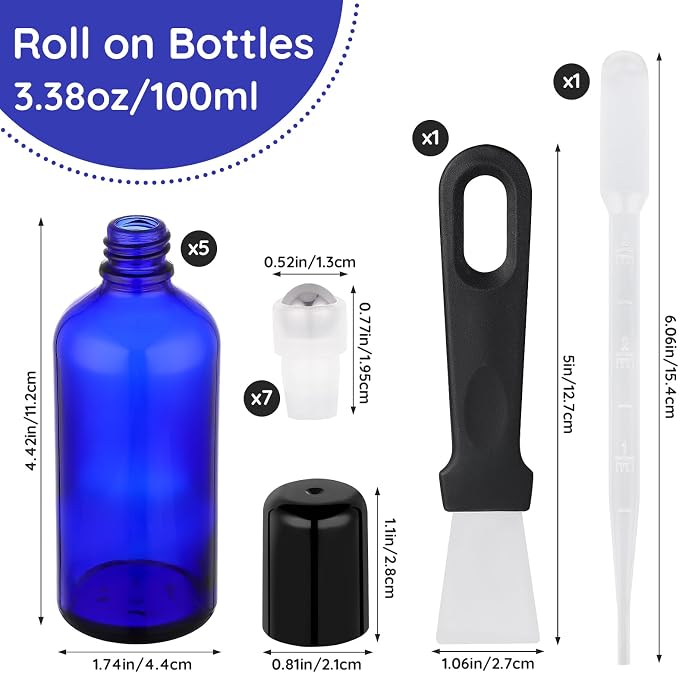 Segbeauty 3.4oz Thick Glass Roller Bottles for Essential Oils, 5pcs Blue Empty Rollerball Bottles for Oil, 100ml Refillable Roller Ball Applicator for Perfume Oil Eye Essence, Glass Roll On Bottle