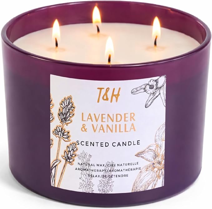 Lavender Vanilla Candle | 4 Wick Extra Large Scented Soy Candles 20 oz | Highly Scented Aromatherapy Lavender Candle for Women | Relaxing Stress Relief Home Scent | Long Lasting Clean Burn
