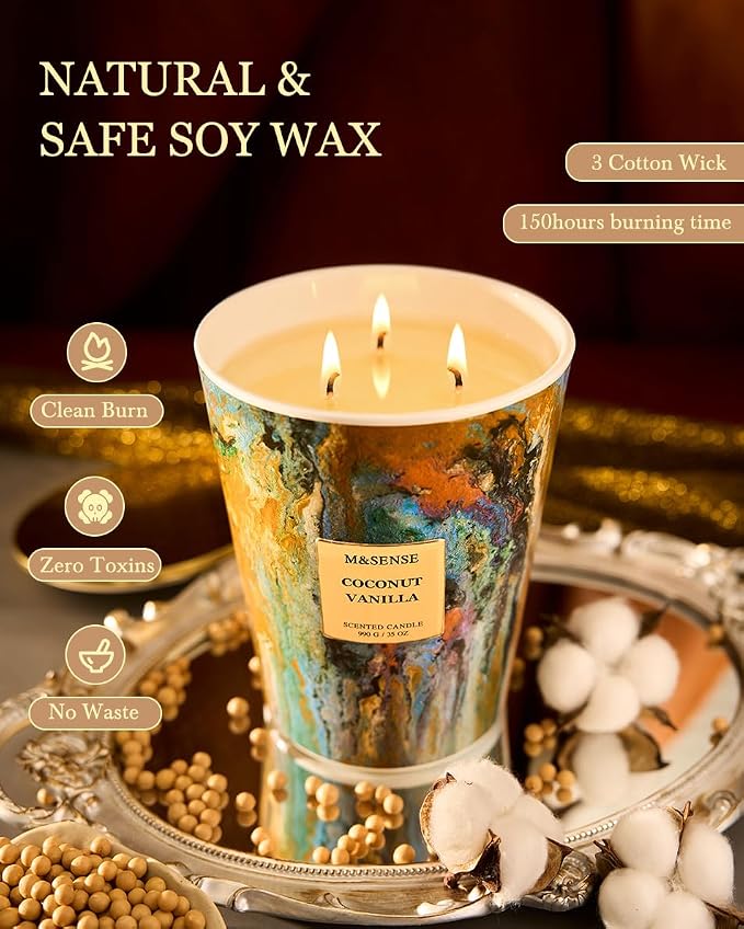 M&SENSE Large 3-Wick Coconut Vanilla Scented Soy Candle | 35oz, 150 Hours, Non-Toxic, Summer Party Essential, Spa Home Fragrance & Decor