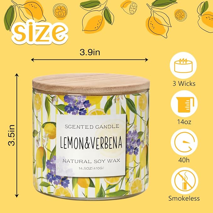 Lemon Candle, Lemon Verbena Scented Candle, Large 3 Wicks Candle, 14 oz