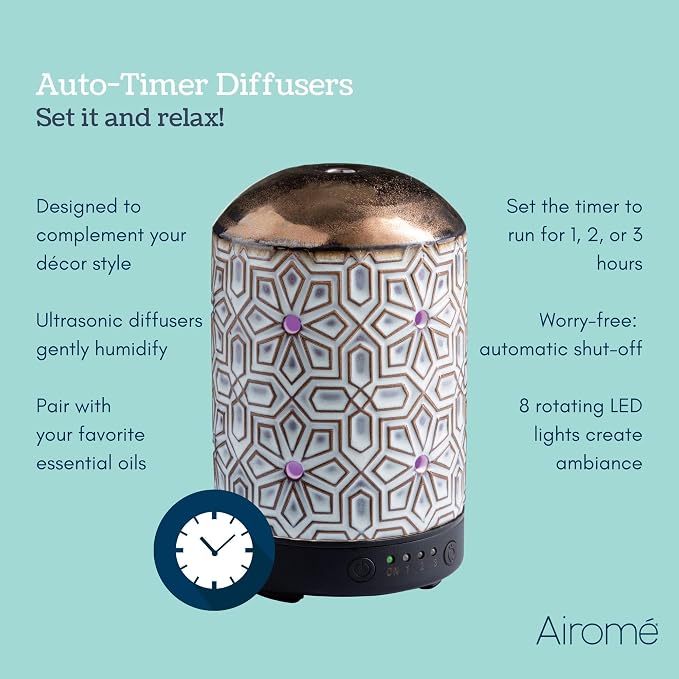 Airome Ceramic Essential Oil Diffuser with Timer|100 mL Humidifying Ultrasonic Aromatherapy Diffuser 8 Colorful LED Lights, Two Mist Modes, Timed Shut-Off, Geometric