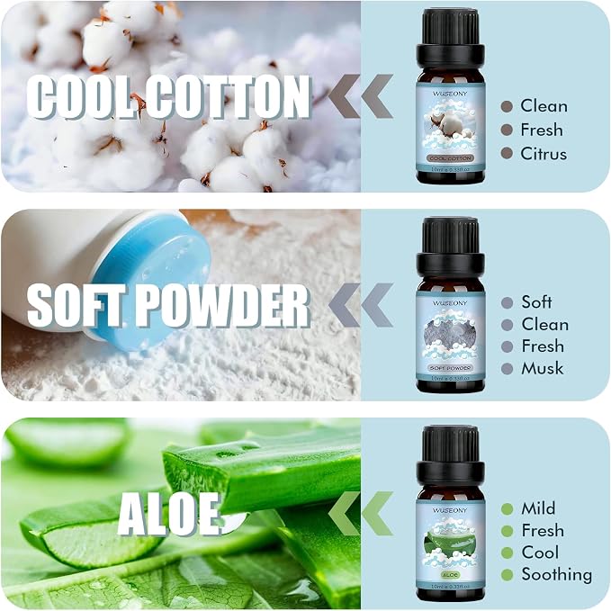 WUSEONY Clean Fragrance Oils Set, Premium Essential Oils for Diffuser for Home, Scented Oil for Soap & Candle Making Scents - Lemongrass, Aloe, Blossom Soap, Fresh Linen, Soft Powder, Cool Cotton