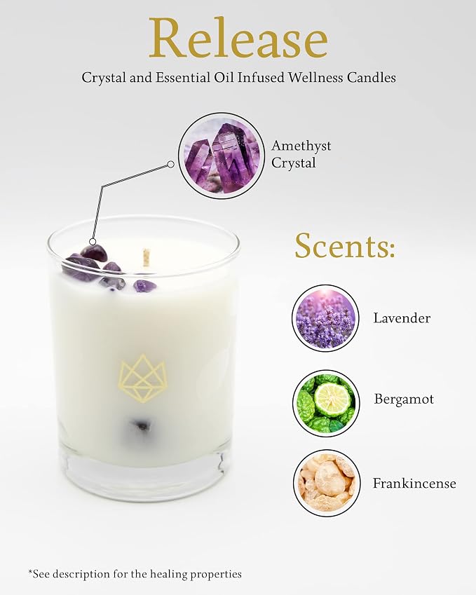 Luxury Glass Jar Candle, 14.5 OZ, Release - Amethyst Healing Crystal Infused - Scents of Lavender, Bergamot, & Frankincense - Relieve, Support, & Transform - Coconut Wax, Essential Oils