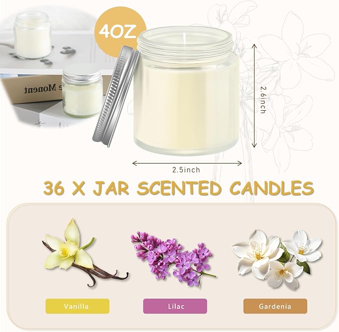 ACITHGL 36 Pcs 4oz Mini Mason Jar Candles Small Scented Candles Bulk Aromatherapy Ideal Souvenir Favors for Wedding Birthday Party (Vanilla, Lilac, Gardenia, Silver)