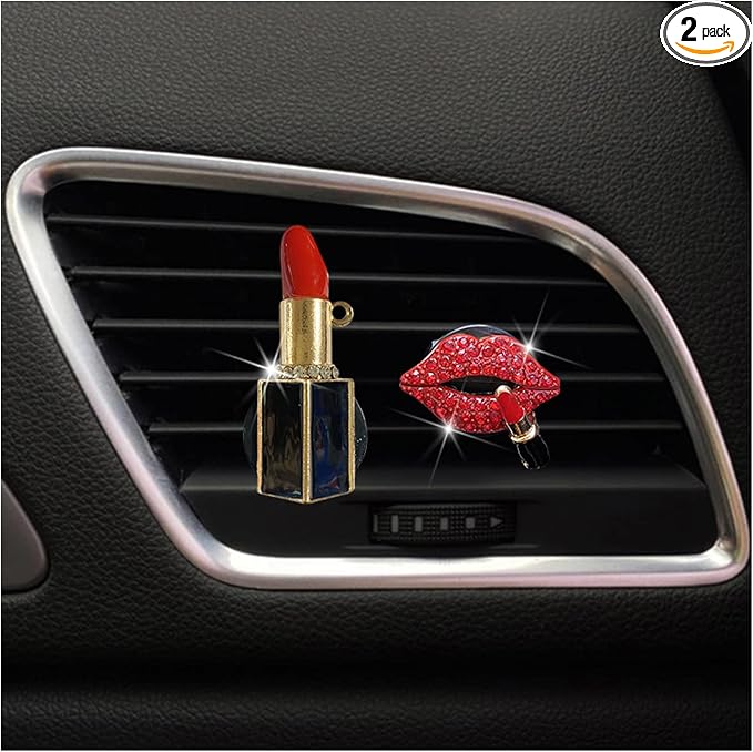Car Air Vent Clips Red Lips, Rhinestone Lipstick Charms for Auto Diffuser Vent, Bling Diamond Decorations for Air Conditioning Outlet, Universal Vehicle Interior Accessories for Women Girls