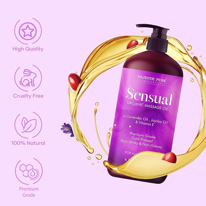 MAJESTIC PURE Organic Sensual Massage Oil for Massage Therapy - Refreshing, and Relaxing - Natural Oils for Date Night with Vitamin E - for All Skin Types - Men and Women Massage Lotion- 8 fl oz
