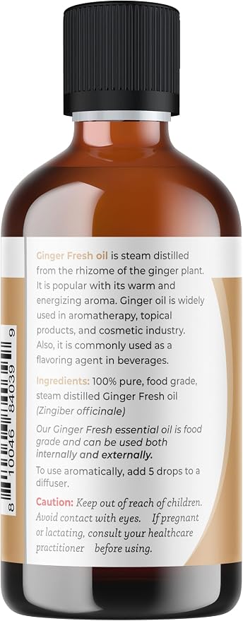 Viva Doria Ginger Essential Oil, 100% Pure Natural, Fresh Ginger Essential Oil, Undiluted, for Aromatherapy | Food Grade, 118 mL (4 Fluid Ounce)