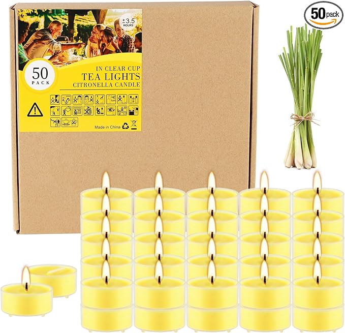 3.5-Hour 50Pack Citronella Tealight Candles, Outdoor and Indoor Summer Scented Candle,Natural Soy Wax Candle for Home Patio Garden Yard Balcony,BBQ Birthday Emergency