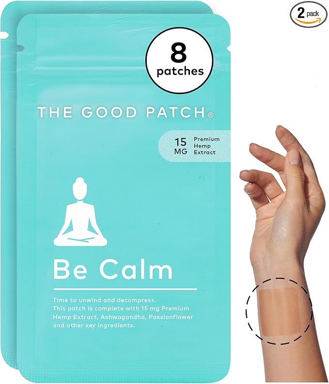The Good Patch Be Calm Patch with Hemp, Supports Relaxation, Natural Patch with Hemp Extract, Ashwagandha Root, Passionflower, Plant Powered Wearable Wellness, Sustained Release (8 Total Patches)