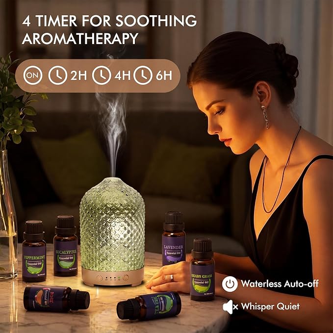 Essential Oil Diffuser for Home- 200ml Aromatherapy Diffuser for Essential Oils with 4 Timer, 7 Color LED Lights Waterless Auto Shut-Off for Home Office Décor Gifts for Women