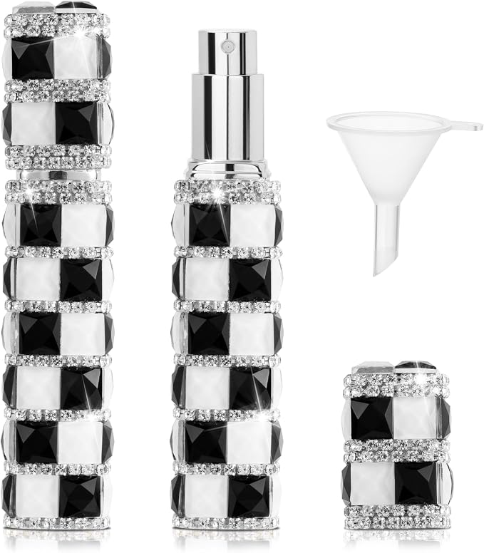 Travel Perfume Atomizer Refillable Bottle, 12ml Rhinestone Mini Perfume Bottles Empty Refillable Travel Atomizer Sprayer with Funnel (1Pc-BlackWhite)