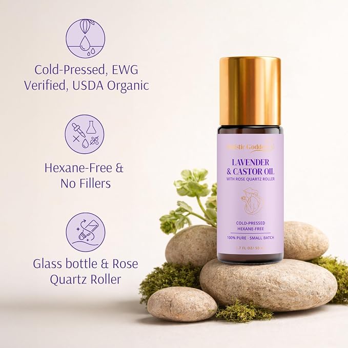 Holistic Goddess Organic Lavender & Castor Oil Roll-On with Rose Quartz Roller – Calming Night Ritual Oil for Stressed Skin & Visible Redness, 1.7 fl oz (50ml)