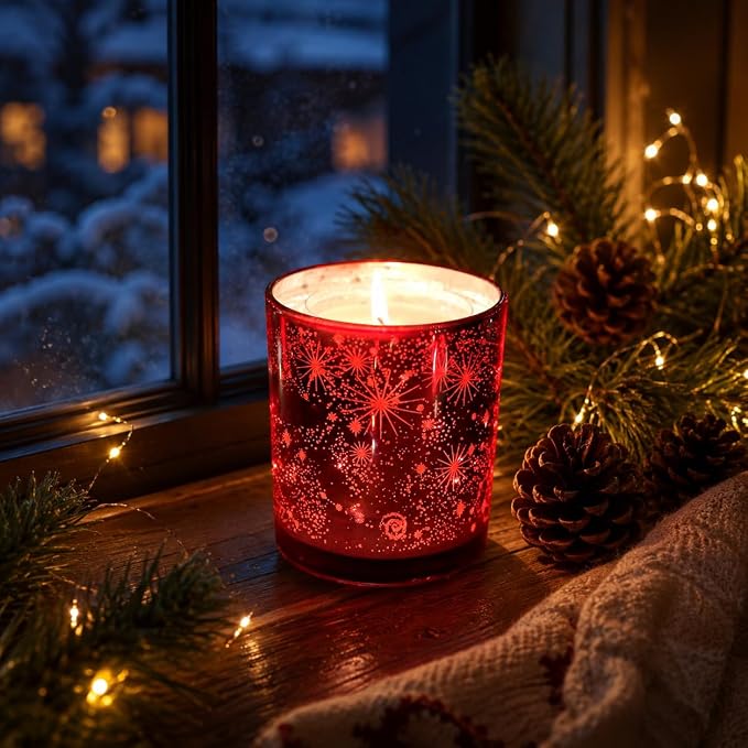 Viyffo 12oz Heat-Activated LED Light Up Scented Candle - Mulled Wine, Non Toxic Soy Candle in Decorative Red Glass Jar, Night Light Candle for Bedroom, Bathroom & Living Room, Novelty Gift for Women