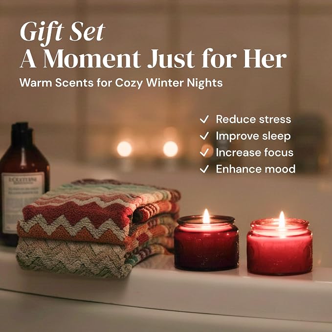 ADELEGOURDAIN Aromatherapy Scented Gift Set - 4 Soy Wax Candles & 2 Fragrance Sachets - Calming Jasmine, Bergamot, Berry & Breeze Scents in Glass Jars - Home, Bath & Relaxation Mother's Day Presents