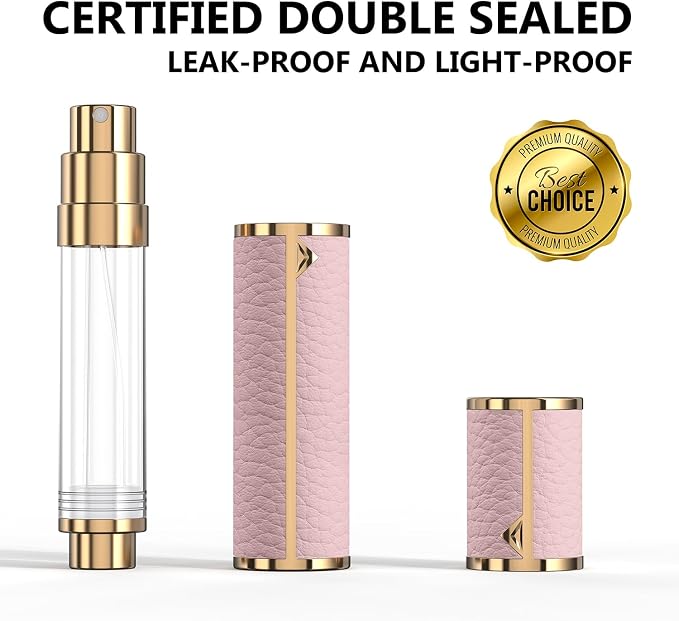8ML Travel Perfume Refillable Atomizer, Mini Genuine Leather Cologne Sprayer, Protable Pocket Size Empty Fragrance Spray Bottle (Pink)