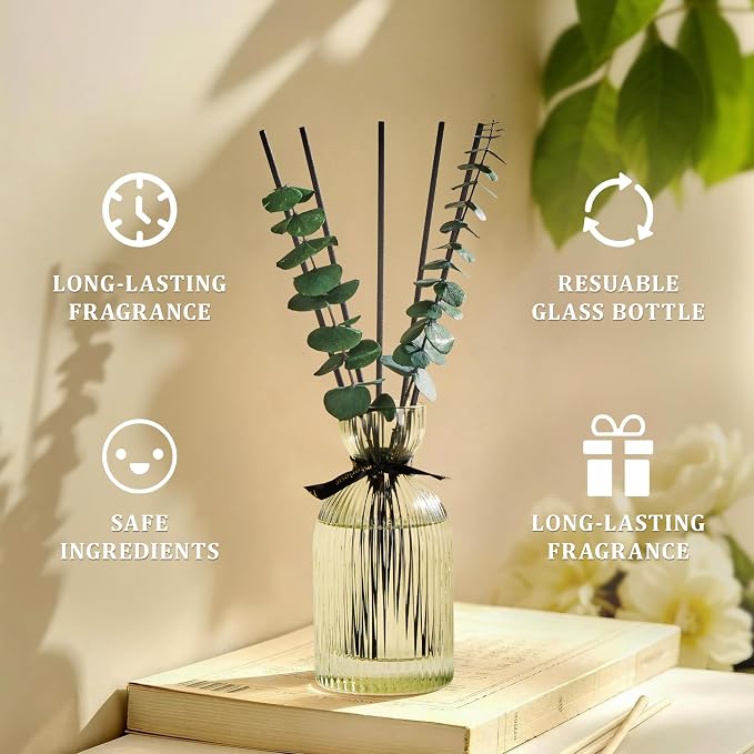 Airkeep Reed Diffuser Set 6.76 oz – Wild Mint & Eucalyptus Decorative Home Fragrance with Eucalyptus Sticks, Ribbed Glass Diffuser for Bathroom & Bedroom Décor, Gift Ready