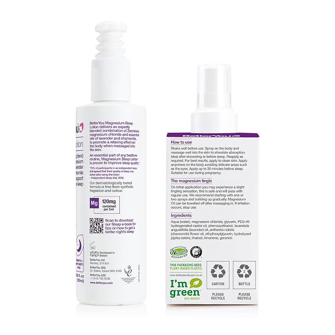 BetterYou Adult Sleep Bundle - Magnesium Bath Salt, Body Lotion, and Essential Oils Spray - Soothe Tired Muscles - Lavender and Chamomile Blend - 3 pc