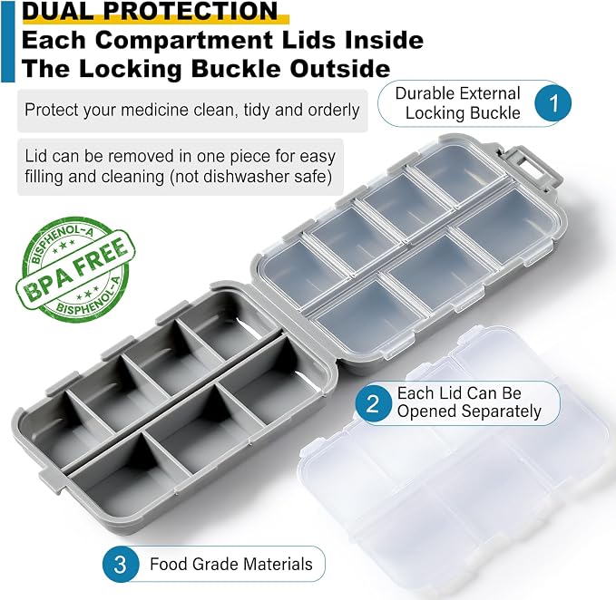 4 Pack 14 Grids Travel Pill Organizer Box with 830-Pcs(2 Set) Medicine Name Labels - Pocket Daily Pharmacy Case Container Kit - Travel Medication Holder Dispenser for Fish Oil Vitamin Supplement