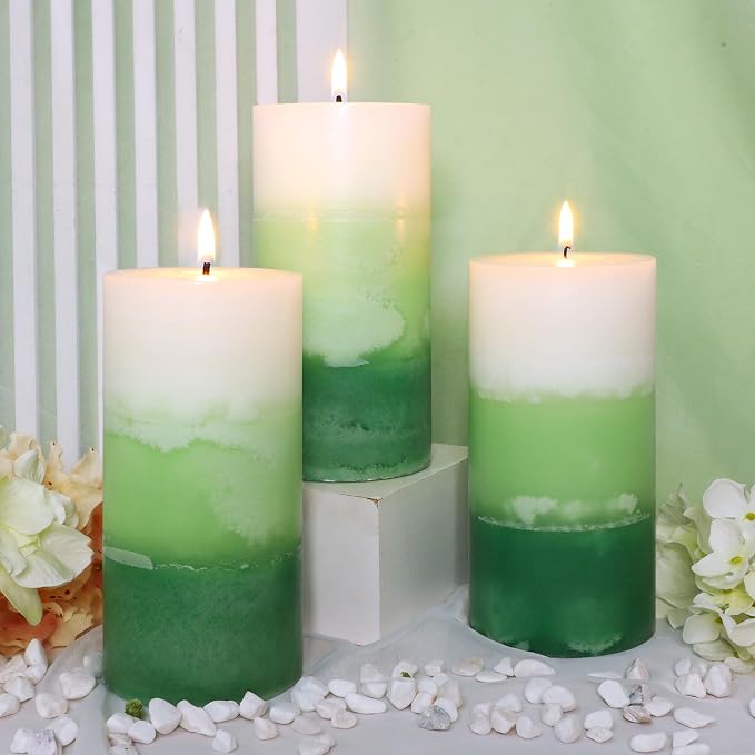 Pillar Candles 3x6 Inch Eucalyptus Scented Hand-Poured 3-Layers Green Gradient Decorative Candle Long Burning Candle for Home Scented Relaxation Spa Holiday Dinner Table, Set of 3