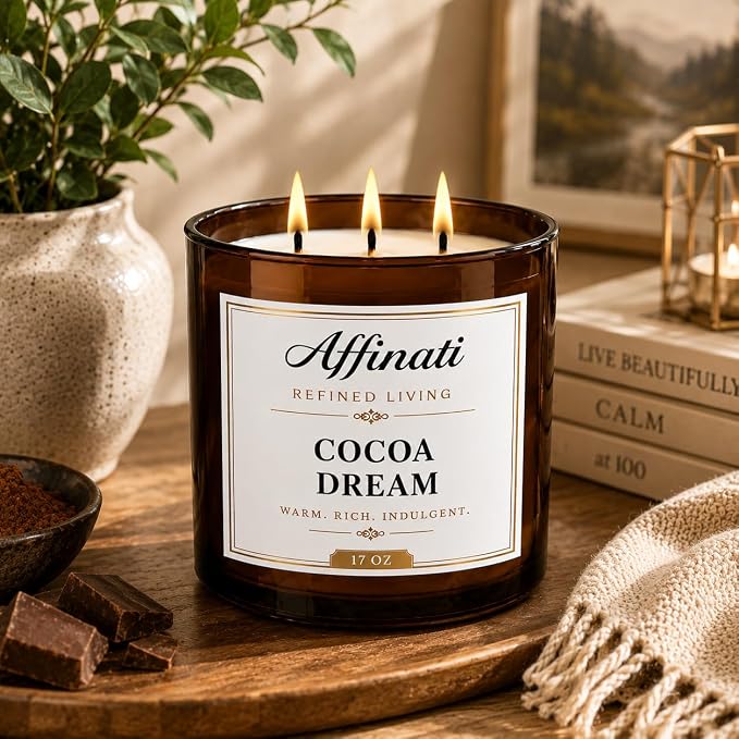 Affinati Cocoa Dream 3 Wick Scented Candle – Large Soy Blend Candle, Strong Scent Throw Rich Sweet Chocolate Paradise Tropical Vibe Candle, Premium Luxury Home Fragrance