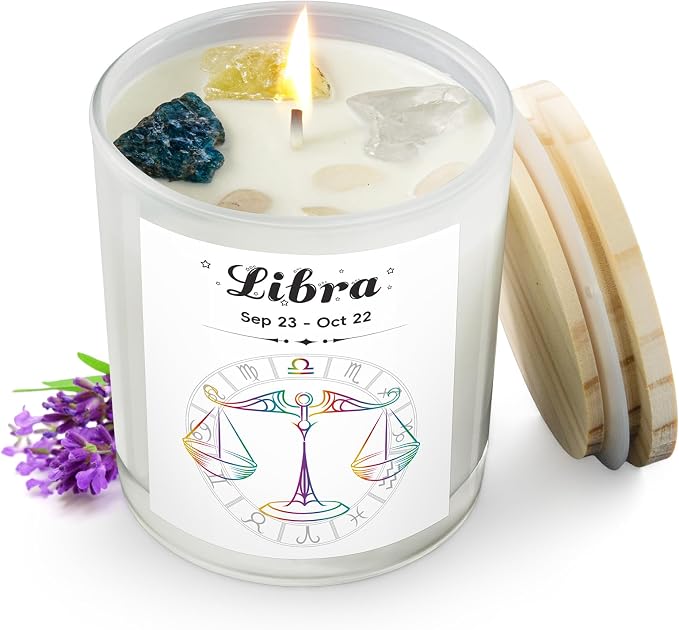 Libra Gift Candle for Women with Crystals, Zodiac Crystals Candle, September October Birthday Gifts for Her, Mom, Sister, Friends, Meditation, Yoga, Relaxation (7oz)
