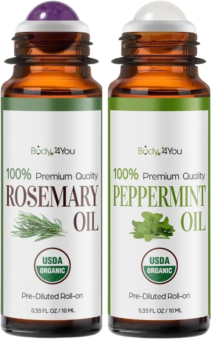BodyJ4You Rosemary + Peppermint Essential Oil Roll On Duo - Pure 100% USDA Organic MCT Coconut Oil - Amethyst and Clear Quartz Stone Rollers - Scalp Care Focus Cooling Temples Neck Roots - Amber Glass