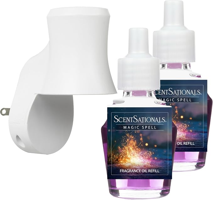Scentsationals Plug in Air Freshener Starter Set – Swivel Plug Fragrance Oil Diffusers & 2 Long Lasting Scent Refills - Magic Spell Scent