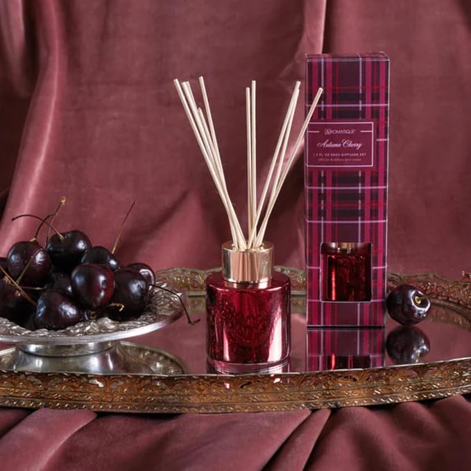 Aromatique Autumn Cherry Mini Reed Diffuser | Home Fragrance Decor Long Lasting Living Room Air Freshener Aromatherapy Deodorizer Oil Notes of Cherry, Apple, Cinnamon, Vanilla, Musk, Amber 1.3oz