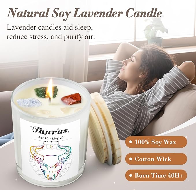 Taurus Gifts for Women, Zodiac Taurus Candle with Healing Crystals,Taurus Birthday Gifts for Womenr, Mom, Sister, Friends, Meditation, Yoga, Relaxation (7oz)