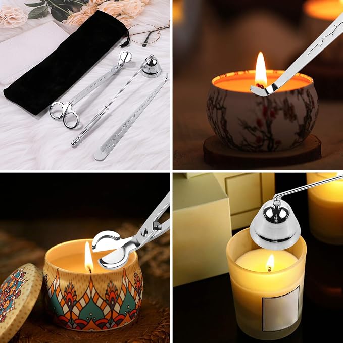 3 in 1 Candle Accessory Set Included Stainless Steel Candle Wick Trimmer,Candle Snuffer,Candle Wick Dipper, Candle Cutter Tool Kit, Silver - 3 Pcs Set