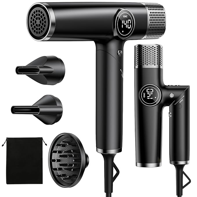 Dual Voltage Travel Hair Dryer with Diffuser, 1900W Professional High-Speed Ionic Blow Dryer for Fast Drying, Lightweight, No Heat Damage, Global Use 110V-240V