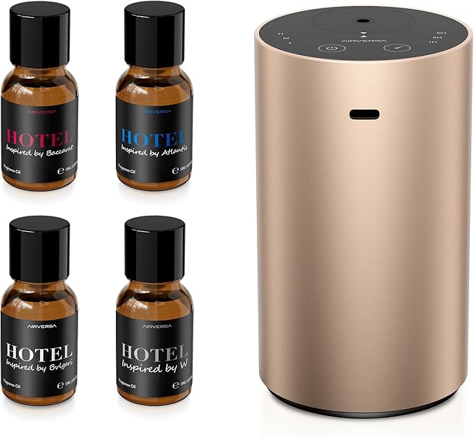Airversa Waterless Essential Oil Diffusers Starter Kit with 4 x 10mL Hotel Scent Fragrance Oil, Aluminum Housing, Battery Operated Mini Scent Air Portable Diffuser for Home Car Titanium Kit