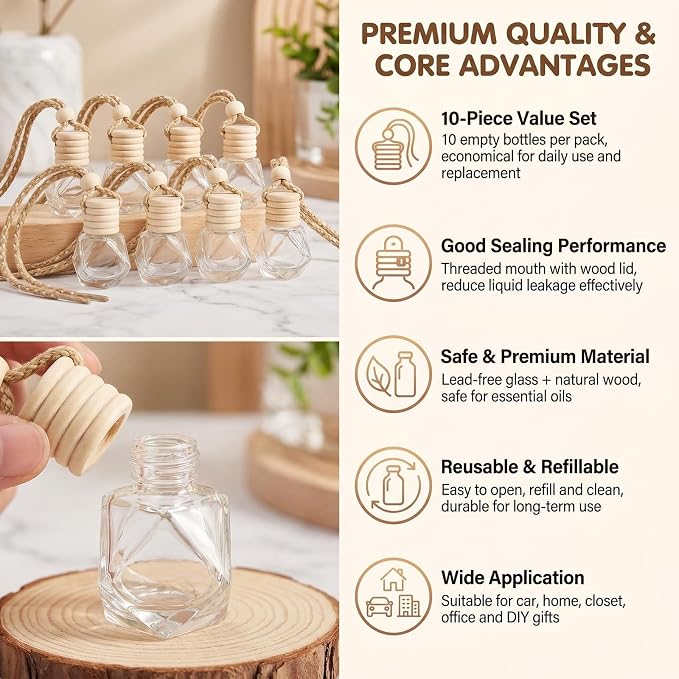 10 Pcs 8ml/0.27oz Hanging Car Air Freshener Bottles, Empty Clear Glass Diffuser Vials with Natural Wood Cap & Adjustable Rope, Refillable Car Perfume Pendant for Aromatherapy Fragrance Home Office