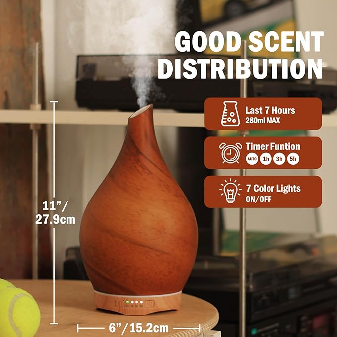 Porseme 280ml Essential Oil Diffuser Glass Color Changing Aroma Air Diffusers Aromatherapy Ultrasonic Cool Mist Humidifier 7 Running Hours Waterless Auto-Off for Sleeping Yoga Office Spa(Caramel)