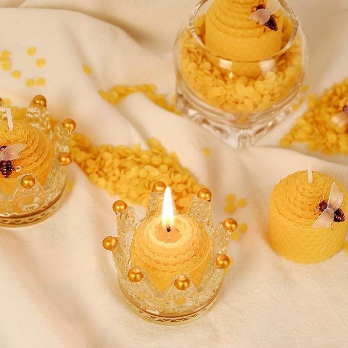 DEYBBY Natural Beeswax Candles Bulk Set of 12, Small Bees Wax Votive Candles with Little Bee Decorations as Housewarming Birthday Event Gift Party Favor (Yellow)