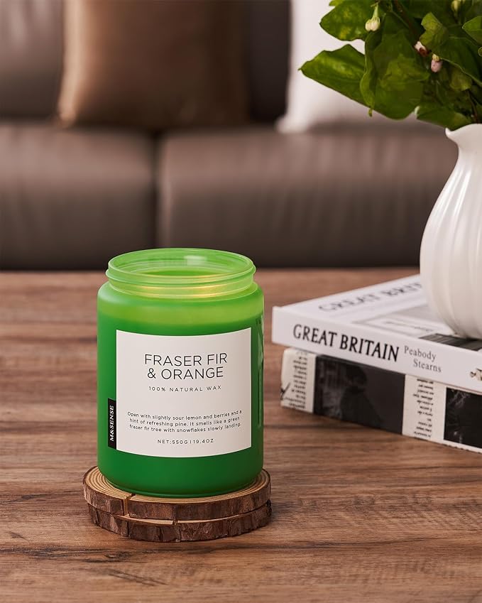 M&SENSE Fraser Fir Pine Scented Candles Large Green Candle for Home 19.4oz 110 Hour Clean Non Toxic Long Lasting Organic Natural Soy Wax Highly Scented Holiday Candle Gifts for Home Decor