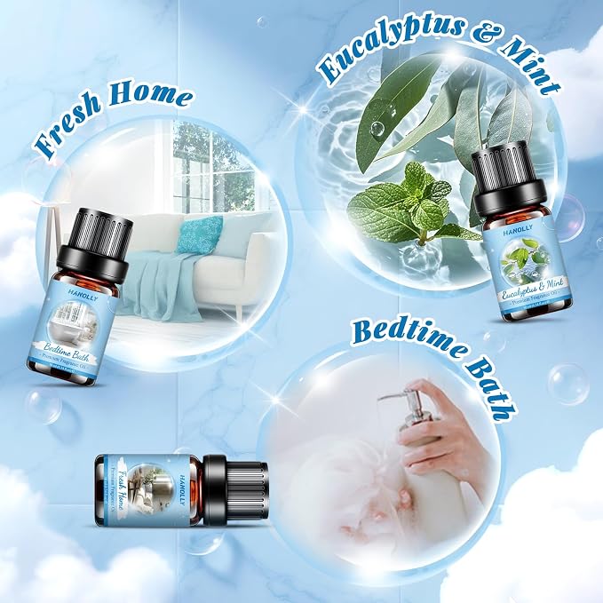 Essential Oils Set, Clean Scents Fragrance Oil Aromatherapy Essential Oils Kit for Diffuser (6x10ML) - Baby Powder, Bedtime Bath, Clean Cotton, Eucalyptus & Mint, Fresh Home, Fresh Linen Scented Oil