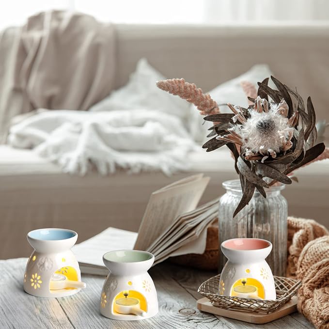 Yesland 3 Pack Ceramic Essential Oil Burner, Wax Melt Burners with Spoon Colored Tealight Candle Holder, Aromatherapy Aroma Burner for Home, Bedroom Decor, Christmas, Birthday, Wedding Gift