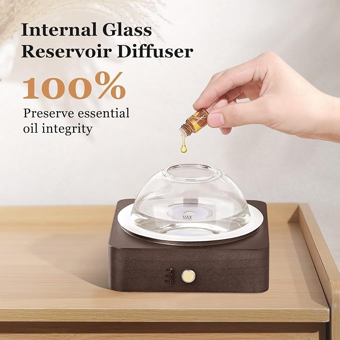 Lecdura Glass Essential Oil Diffuser with Glass Reservoir & WoodBase, 200ml Ultrasonic Lock Color Timer Auto-Off 7 Color Light Aroma Glass Dome Diffuser for Home Office Bedroom Yoga - Dark Brown