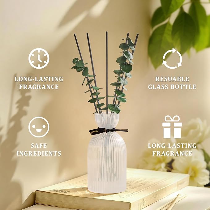 Airkeep Reed Diffuser Set 6.76 oz – White Flower Decorative Home Fragrance with Eucalyptus Sticks, Ribbed Glass Diffuser for Bathroom & Bedroom Décor, Gift Ready